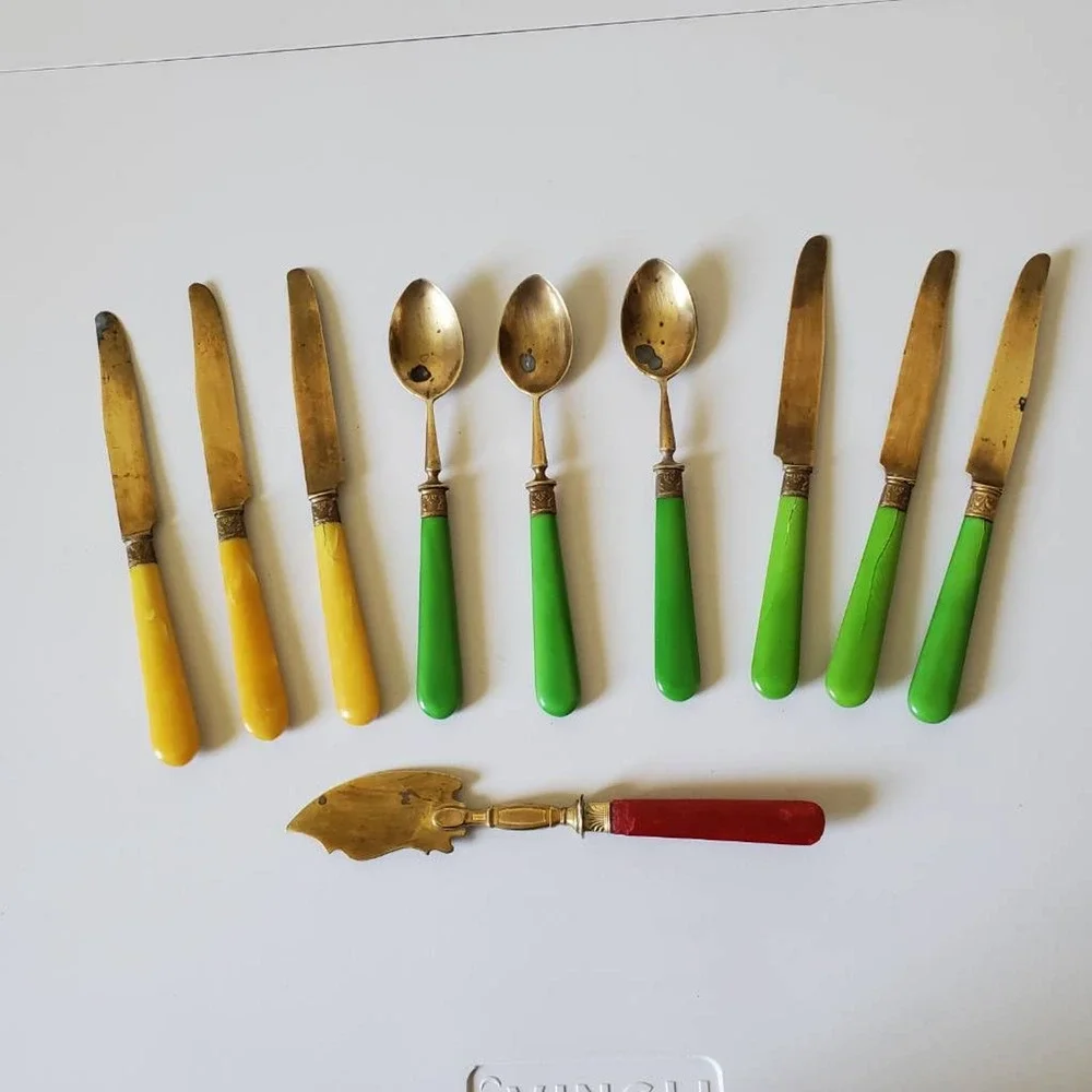 Antique French Brass Bakelite Knife Spoon Flatware Lot of 10 Nadal France
